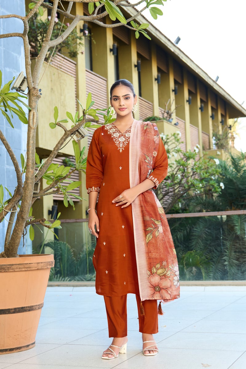 VISHVA CREATION Rust Straight Kurta Set for Women - Image 3